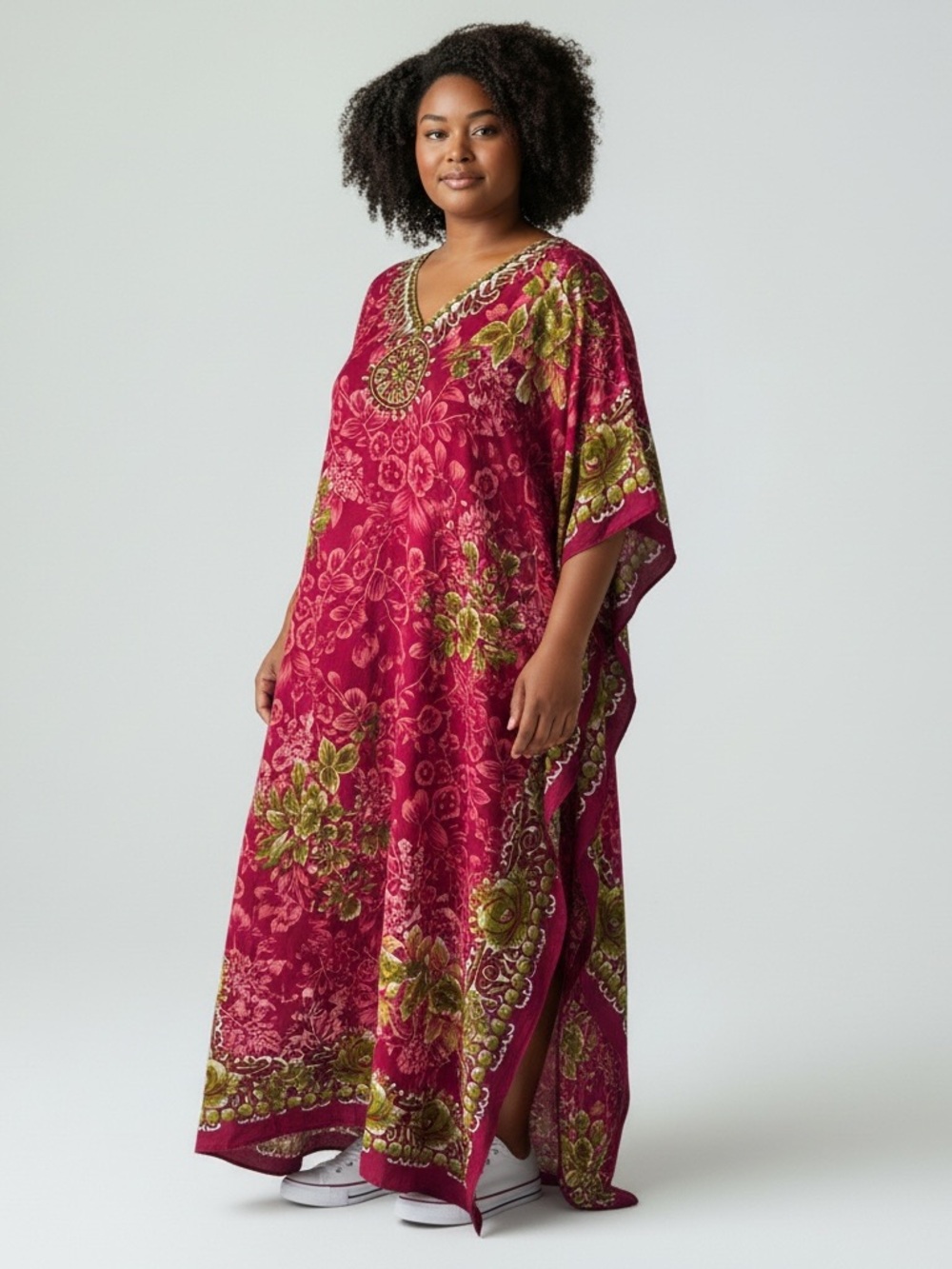 Miss Lavish London Plus Size Floral Caftan Dress in Berry with Green - Size 18